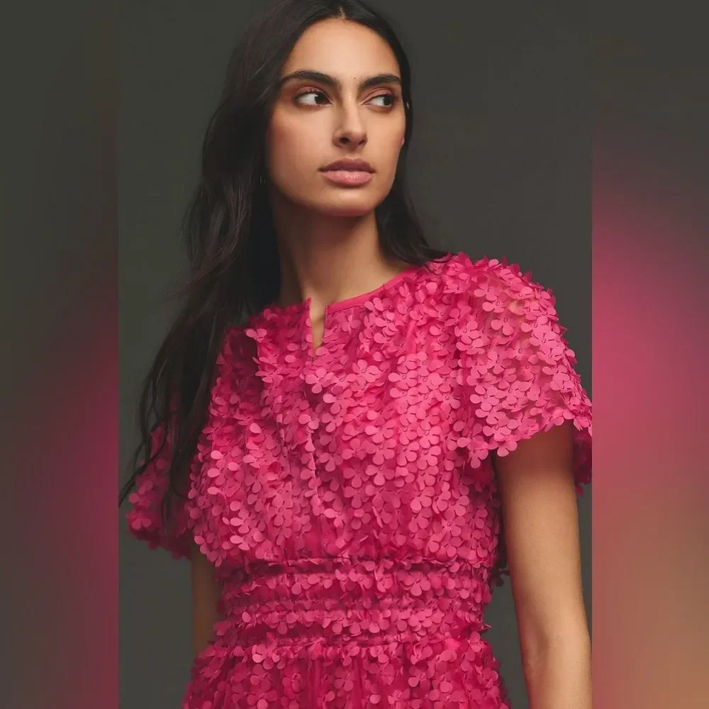 Anthropologie The Somerset Mini Dress Floral Appliqué Edition Pink size L - Picture 3 of 8